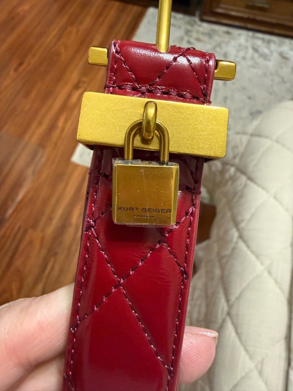 Kurt Geiger Quilted Leather Belt with Padlock Charm - Burgundy